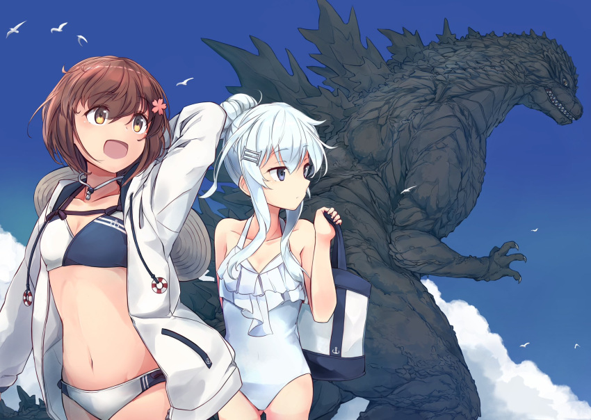 2girls alternate_costume bikini blue_eyes blue_sky breasts brown_eyes brown_hair casual_one-piece_swimsuit cloud commentary_request cowboy_shot crossover day flat_chest flower frilled_one-piece_swimsuit frills godzilla godzilla_(minus_one) godzilla_(series) godzilla_minus_one hair_flower hair_ornament hibiki_(kancolle) highres hood hooded_jacket jacket kaijuu kantai_collection long_hair minosu multiple_girls one-piece_swimsuit outdoors ponytail short_hair sky small_breasts smile swimsuit two-tone_bikini white_hair white_jacket white_one-piece_swimsuit yukikaze_(kancolle)
