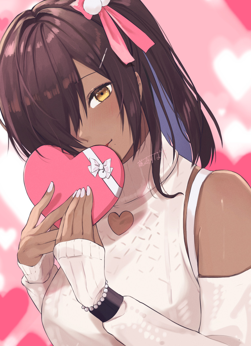 1girl absurdres bow bowtie box bracelet brown_hair dark-skinned_female dark_skin fujisaki_subaru goddess_of_victory:_nikke hair_over_one_eye heart heart-shaped_box highres jewelry long_sleeves looking_at_viewer mole mole_under_mouth naga_(nikke) nail_polish pink_background pink_bow pink_bowtie solo sweater turtleneck turtleneck_sweater upper_body yellow_eyes