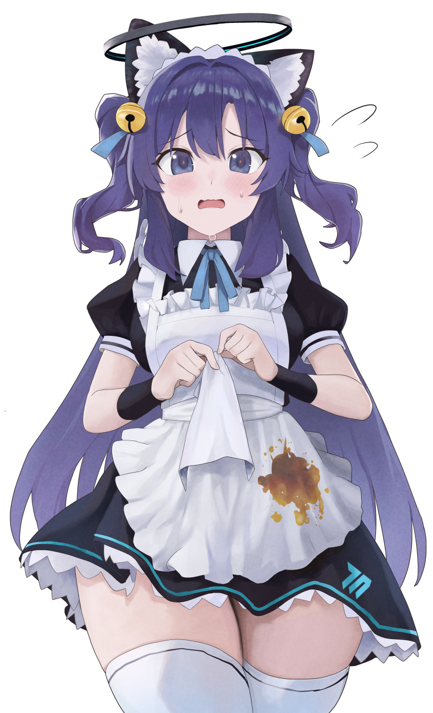 1girl absurdres alternate_costume animal_ear_fluff animal_ears apron bell black_shirt black_skirt black_wrist_cuffs blue_archive blue_ribbon blush cat_ears collared_shirt commentary cowboy_shot dezi double-parted_bangs enmaided fake_animal_ears flying_sweatdrops frilled_apron frilled_skirt frills frown hair_bell hair_between_eyes hair_intakes hair_ornament halo hands_up highres jingle_bell long_hair looking_at_viewer maid maid_apron maid_headdress mechanical_halo neck_ribbon open_mouth panicking puffy_short_sleeves puffy_sleeves purple_eyes purple_hair red_pupils ribbon shirt short_sleeves sidelocks simple_background skirt solo stain stained_clothes straight-on straight_hair sweatdrop thighs two_side_up very_long_hair wavy_mouth white_apron white_background wrist_cuffs yuuka_(blue_archive) zettai_ryouiki
