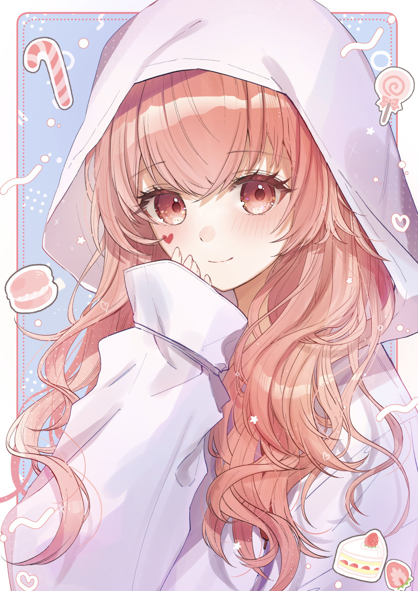 1girl absurdres blush cake cake_slice candy candy_cane commentary_request food food-themed_background fruit hair_between_eyes hair_over_shoulder hand_on_own_face heart highres hood hood_up hoodie light_smile lollipop long_hair long_sleeves looking_at_viewer macaron mairu003 momoi_airi pink_eyes pink_hair project_sekai purple_hoodie sidelocks sleeves_past_wrists solo strawberry swirl_lollipop upper_body