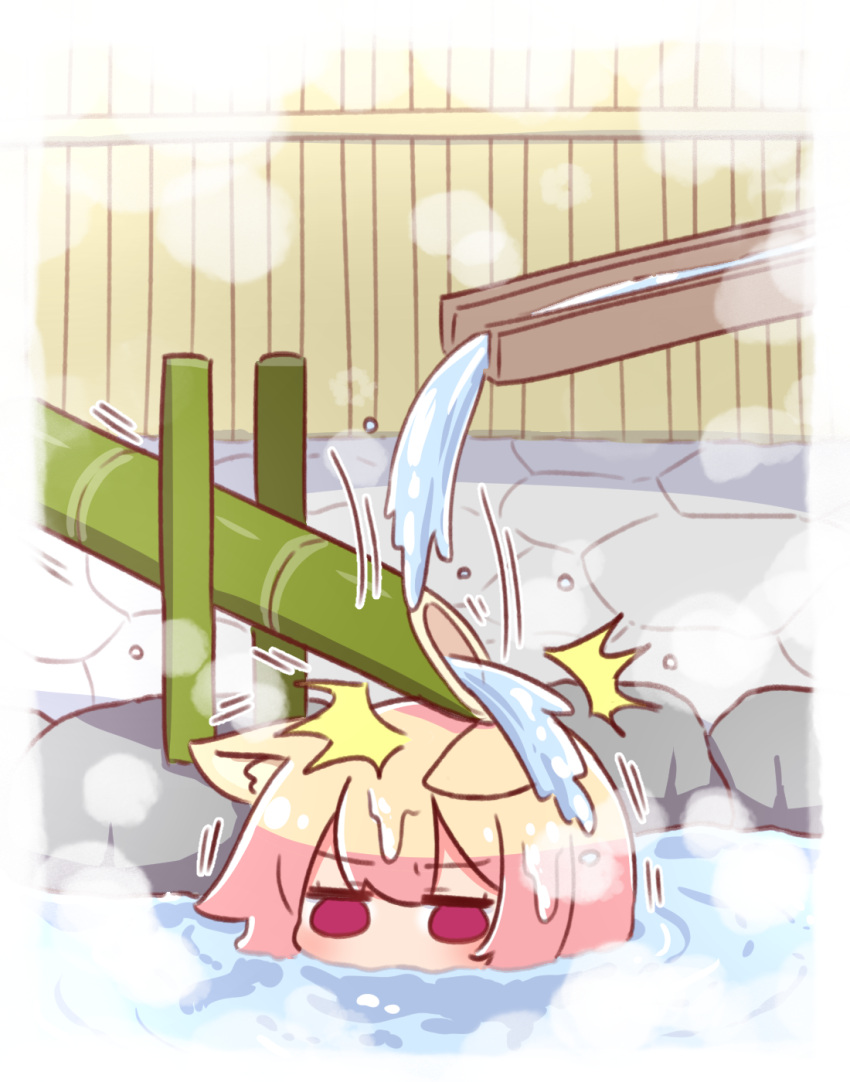 1girl animal_ear_fluff animal_ears blonde_hair fox_ears fox_girl highres kemomimi-chan_(naga_u) naga_u original partially_submerged red_eyes solo water