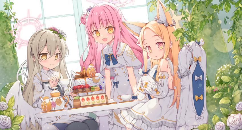 3girls animal animal_ear_fluff animal_ears bare_shoulders bird black_pantyhose blonde_hair blue_archive blue_bow bow braid breasts brown_hair capelet commentary_request crown_braid cup detached_sleeves dress feathered_wings flower forehead fred04142 hair_bun hair_flower hair_ornament highres holding holding_cup holding_saucer long_hair long_sleeves low_wings mika_(blue_archive) multiple_girls nagisa_(blue_archive) on_chair pantyhose parted_bangs pink_flower pink_hair puffy_long_sleeves puffy_sleeves rose saucer seia_(blue_archive) single_side_bun sitting sleeveless sleeveless_dress sleeves_past_fingers sleeves_past_wrists small_breasts standing table teapot tiered_tray very_long_hair white_bow white_capelet white_dress white_flower white_rose white_sleeves white_wings wings yellow_bow
