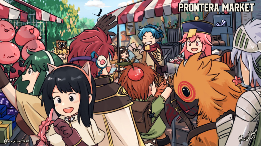 4girls 5boys acolyte_(ragnarok_online) anger_vein animal_ears apple apple_on_head armor backpack bag bird black_eyes black_hair black_lunette blonde_hair blue_hair boots box bread bread_slice brown_gloves brown_vest cape capelet cat_ears chainmail chasing closed_eyes closed_mouth commentary cone_horns day deviling english_commentary fake_animal_ears fake_horns flower_in_mouth food food_in_mouth fruit gauntlets gloves goggles goggles_on_head green_eyes green_hair green_shirt grey_hair grey_horns grin hairband hat headphones highres horns in-universe_location knight_(ragnarok_online) location_name long_hair looking_at_another mage_(ragnarok_online) market market_stall medium_bangs mouth_hold multiple_boys multiple_girls novice_(ragnarok_online) one_eye_closed open_mouth outdoors pauldrons peco_peco pink_eyes pink_hair pink_hairband poring potion qingdai_guanmao ragnarok_online red_apple red_hair riding riding_bird road_sign shirt short_hair short_sleeves shoulder_armor sign slime_(creature) smile stop_sign sword thief_(ragnarok_online) toast toast_in_mouth upper_body vest visor_(armor) waving weapon white_cape white_capelet wizard_(ragnarok_online)