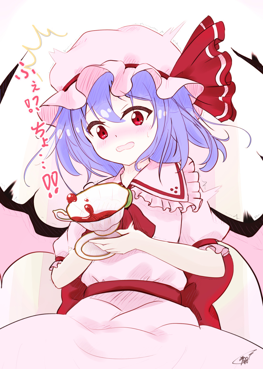 1girl ^^^ absurdres accident back_bow bat_wings blue_hair blush bow charisma_break commentary_request cowboy_shot cup fang floating_hair frilled_shirt_collar frilled_sleeves frills frown hair_between_eyes hat highres hoshikage_syo looking_down mob_cap nose_blush open_mouth pink_headwear pink_shirt pink_skirt puffy_short_sleeves puffy_sleeves red_bow red_eyes remilia_scarlet shirt short_hair short_sleeves signature simple_background skirt solo surprised sweat tea teacup touhou trembling wavy_mouth white_background wings