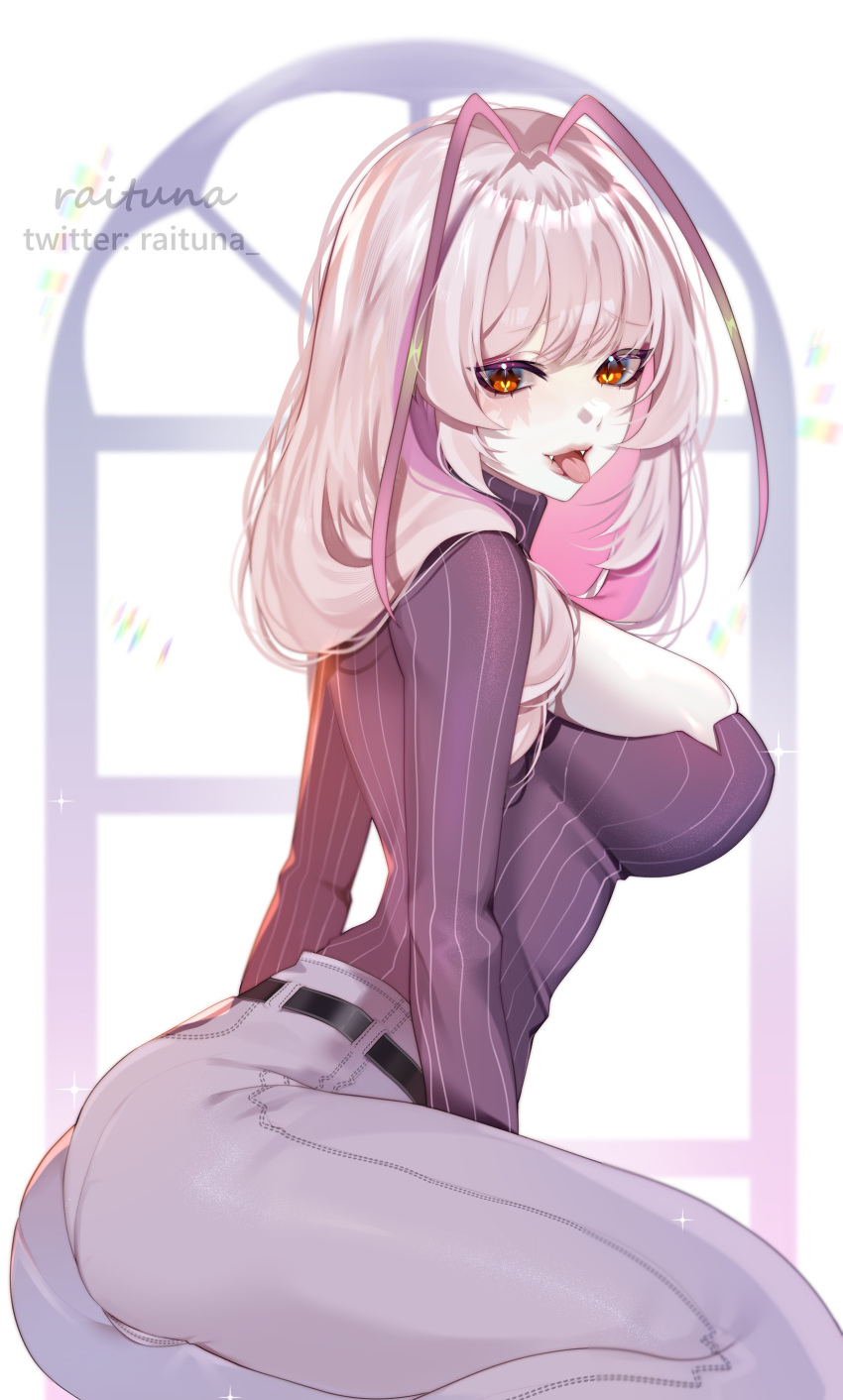 1girl absurdres antenna_hair arthropod_girl breasts cockroach_girl fangs grey_pants highres large_breasts long_hair looking_at_viewer matara_kan matara_kan_(casual) monster_girl multicolored_hair open_mouth pants pink_hair purple_sweater raituna red_eyes sideboob skinny_jeans smile solo streaked_hair sweater tongue tongue_out turtleneck turtleneck_sweater virtual_youtuber vshojo