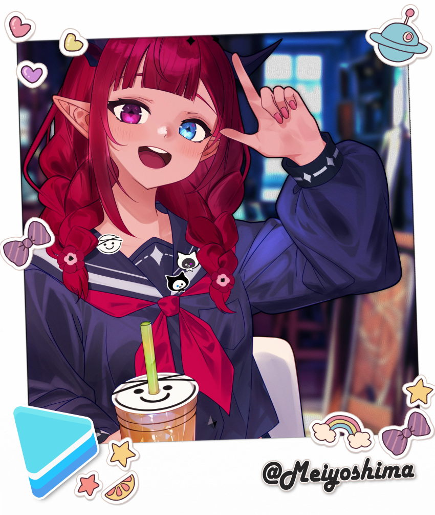 1girl :d absurdres artist_name blue_eyes blue_sailor_collar blue_serafuku blue_shirt blush border braid cup disposable_cup drinking_straw english_commentary finger_gun flower guyrys hair_flower hair_ornament hair_over_shoulder heterochromia highres holding holding_cup hololive hololive_english horns indoors irys_(gamer)_(hololive) irys_(hololive) long_hair long_sleeves looking_at_viewer meiyoshima neckerchief official_alternate_costume pink_nails pointing pointing_up pointy_ears puffy_long_sleeves puffy_sleeves purple_eyes red_hair red_neckerchief sailor_collar school_uniform serafuku shirt sitting smile solo teeth twin_braids upper_body upper_teeth_only virtual_youtuber white_border