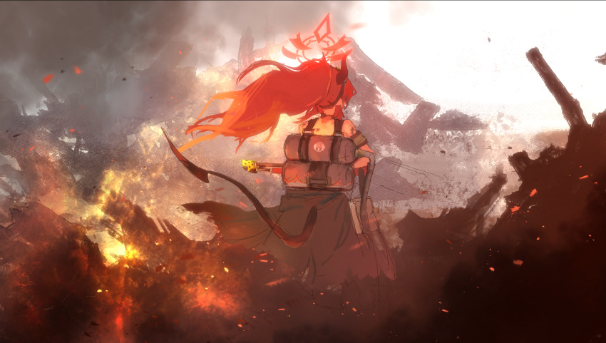 1girl bare_shoulders black_skirt blue_archive commentary demon_horns demon_tail fire flamethrower from_behind halo highres horns long_hair megu_(blue_archive) norio_(norio386) ponytail red_hair rubble ruins skirt solo symbol-only_commentary tail traditional_media weapon