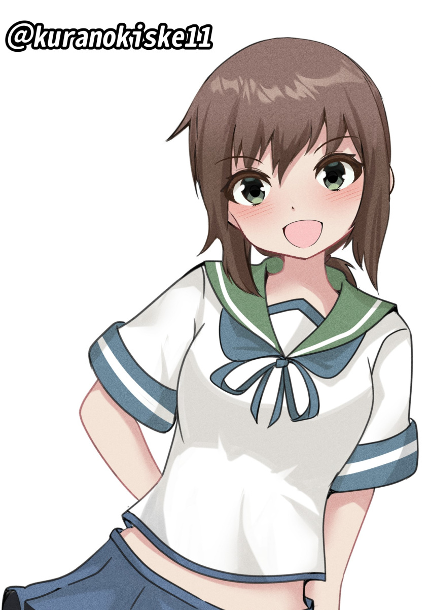 1girl blue_skirt brown_hair fubuki_(kancolle) green_eyes green_sailor_collar highres kantai_collection kurano_kisuke looking_at_viewer low_ponytail medium_hair multiple_girls one-hour_drawing_challenge pleated_skirt sailor_collar school_uniform serafuku shirt short_ponytail sidelocks simple_background skirt smile solo twitter_username upper_body white_background white_shirt