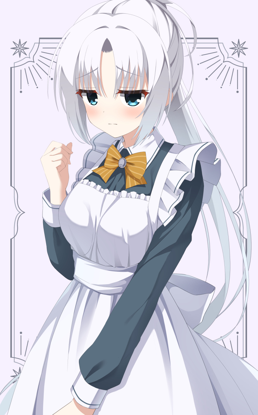 1girl apron blue_eyes blush bow cafe_stella_to_shinigami_no_chou clenched_hand closed_mouth commentary company_connection cosplay cowboy_shot eyes_visible_through_hair frilled_apron frills frown grey_background hand_up highres jitome long_hair long_sleeves looking_at_viewer maid maid_apron maple_0126 parted_bangs ponytail senren_banka shiki_natsume shiki_natsume_(cosplay) shy simple_background solo split_mouth striped_bow tomotake_yoshino very_long_hair white_apron white_hair yellow_bow yuzu-soft