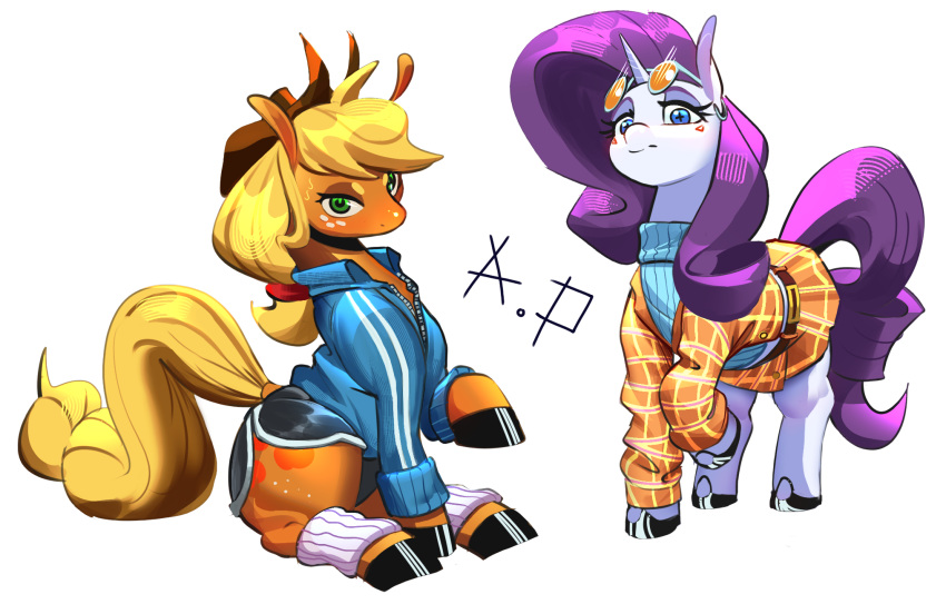 applejack_(mlp) applephil blonde_hair blue_eyes blush bottomwear clothed clothed_feral clothing cowboy_hat duo earth_pony equid equine eyelashes eyewear female feral freckles friendship_is_magic green_eyes hair hasbro hat headgear headwear hi_res hooves horn horse hotpants jacket long_hair looking_at_viewer mammal my_little_pony orange_body pony purple_hair purple_tail quadruped rarity_(mlp) shorts skirt sunglasses sweater tail topwear unicorn unicorn_horn white_body yellow_tail