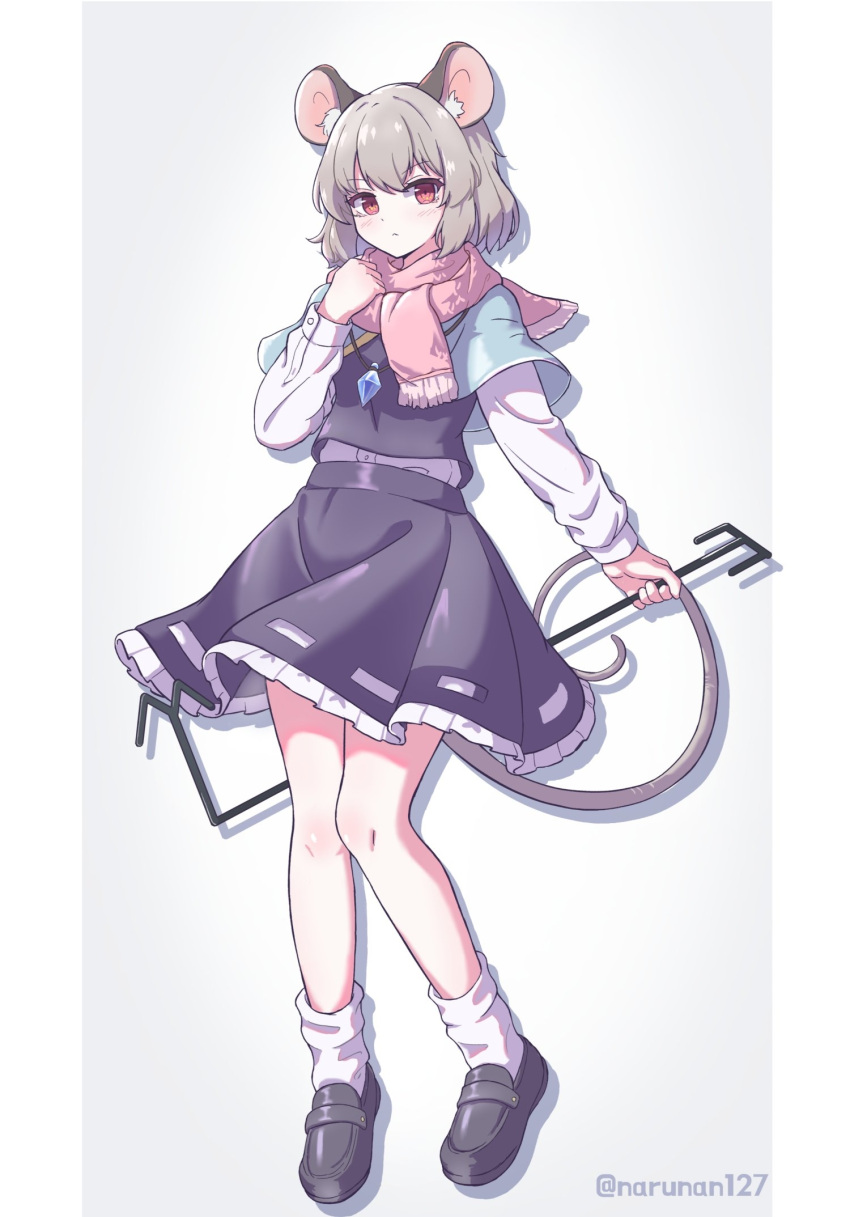 1girl animal_ears black_footwear black_skirt black_vest blue_capelet blush capelet closed_mouth dowsing_rod full_body grey_hair highres hihi_(cvwv4322) jewelry looking_at_viewer mouse_ears mouse_tail nazrin pendant pink_scarf red_eyes scarf shoes short_hair skirt socks solo tail touhou twitter_username vest white_socks
