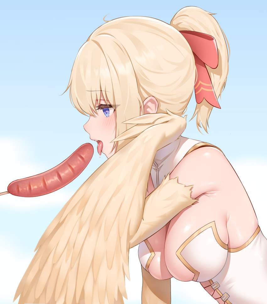 1girl absurdres blonde_hair blue_eyes bow breasts choppy_bangs cleavage feathers food hair_bow harpy highres indie_virtual_youtuber leotard mavia_(vtuber) medium_breasts monster_girl ponytail red_bow saliva_drip sausage secon sexually_suggestive sidelocks sky tongue tongue_out white_leotard winged_arms wings yellow_feathers