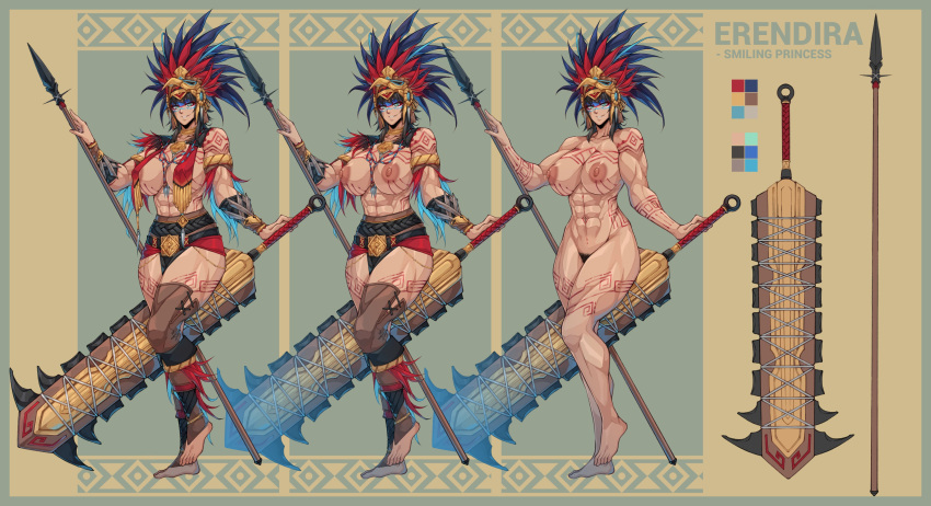 1girl abs absurdres arm_tattoo aztec biceps black_hair blue_eyes blush bracer breasts cleavage club_(weapon) collarbone completely_nude facepaint feather_hair_ornament feathers female_pubic_hair gold_necklace hair_ornament headdress highres holding holding_weapon huge_breasts jewelry large_areolae large_breasts loincloth looking_at_viewer macuahuitl muscular muscular_female navel neck_ring necklace nipples nude obliques open_mouth original pubic_hair reference_sheet short_hair shoulder_tattoo simple_background smile solo spiked_club tattoo thick_thighs thighs toned tribal weapon yugo_(yugotme97)