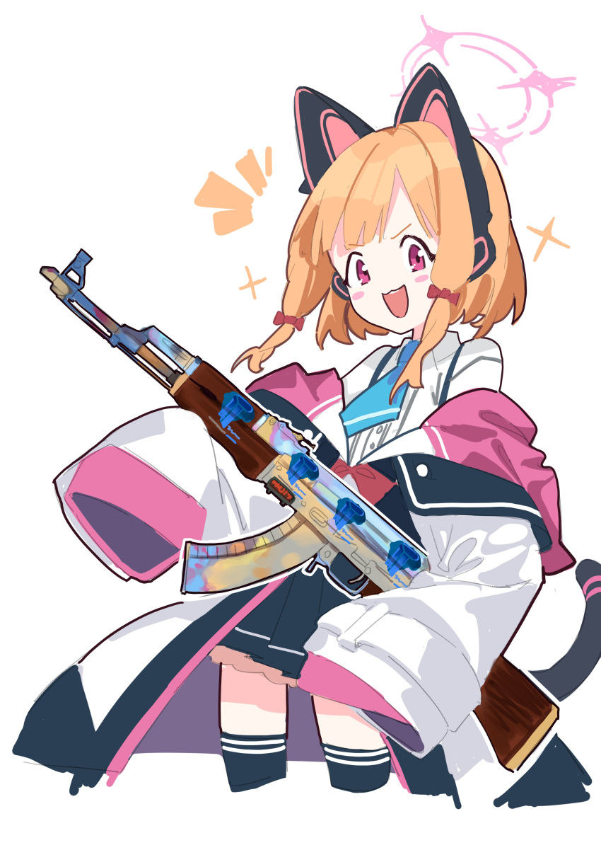 1girl absurdres ak-47 animal_ears assault_rifle blonde_hair blue_archive blush cat_ears cat_tail counter-strike_(series) counter-strike_2 cowboy_shot fataaa gun halo highres kalashnikov_rifle medium_hair momoi_(blue_archive) pink_eyes rifle sidelocks smile solo sparkle tail thighhighs weapon