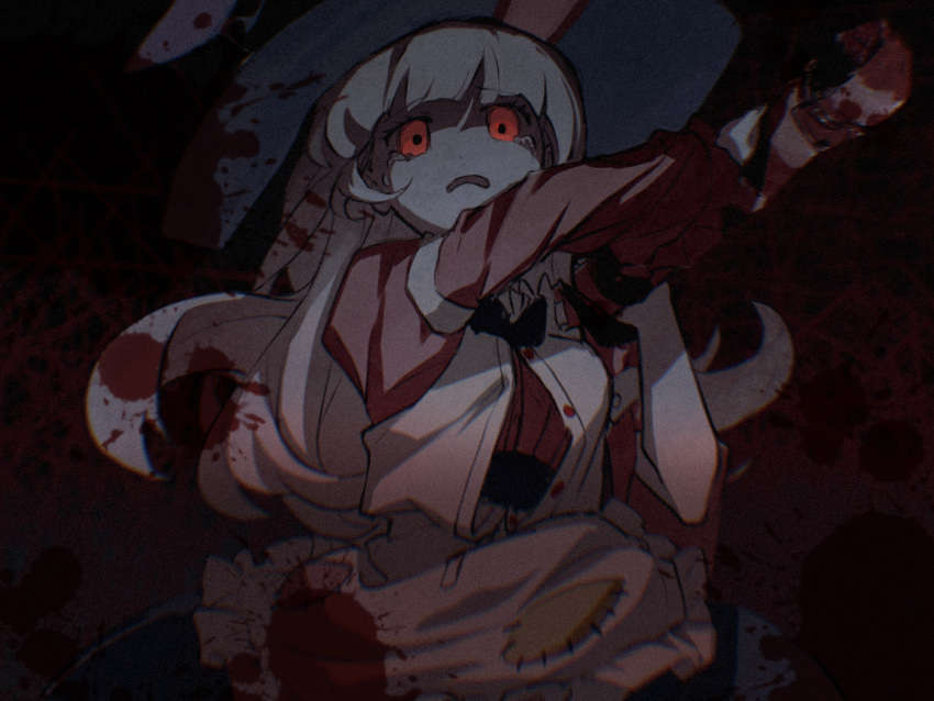 1girl animal_ears animal_hat apron blood blood_in_hair blood_on_clothes blood_on_hat blood_splatter club_(weapon) crying crying_with_eyes_open glowing glowing_eyes hat highres holding holding_weapon horror_(theme) irisu_kyouko irisu_shoukougun! long_hair long_sleeves looking_at_viewer open_mouth pink_shirt rabbit_ears red_background red_eyes ryuh_(asahina_neru) shirt solo spiked_club tears upper_body weapon white_apron white_hair witch_hat