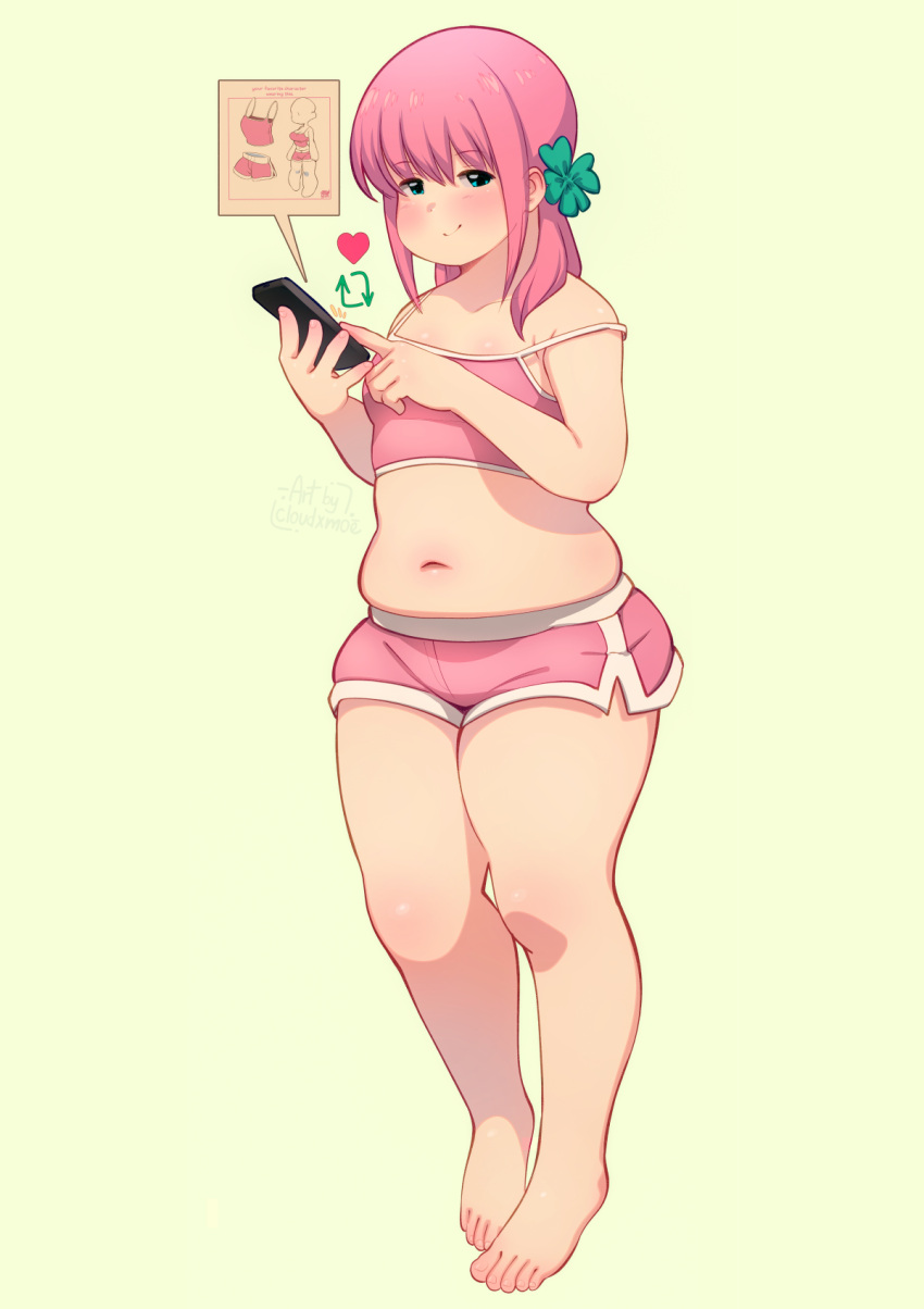 1girl barefoot breasts camisole cellphone cloudxmoe clover_hair_ornament commentary crop_top dolphin_shorts four-leaf_clover_hair_ornament full_body green_eyes hair_ornament highres holding holding_phone like_and_retweet muffin_top navel nemu_(cloudxmoe) original phone pink_camisole pink_hair pink_shorts plump short_shorts shorts signature small_breasts smartphone smile solo strap_slip