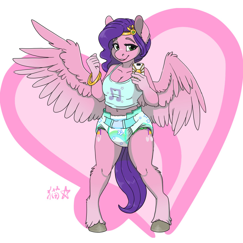 anthro anthrofied bracelet cellphone circlet clothing diaper electronics equid equine female hair hasbro hi_res jewelry lipstick looking_at_viewer makeup mammal mlp_g5 musical_note my_little_pony mythological_creature mythological_equine mythology pattern_background pattern_diaper pegasus phone pipp_petals_(mlp) purple_hair shirt simple_background smartphone stargal_galexi tank_top topwear underwear wings