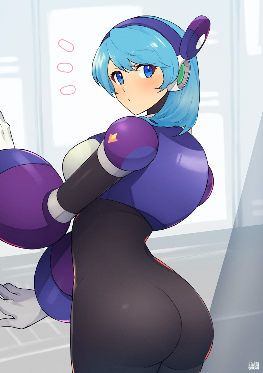 1girl android armor ass black_bodysuit blue_eyes blue_hair blush bodysuit closed_mouth commentary_request highres looking_at_viewer looking_back mechanical_ears medium_hair mega_man:_maverick_hunter_x mega_man_(series) mega_man_x_(series) navigator_(mega_man) signature skin_tight solo tobitori