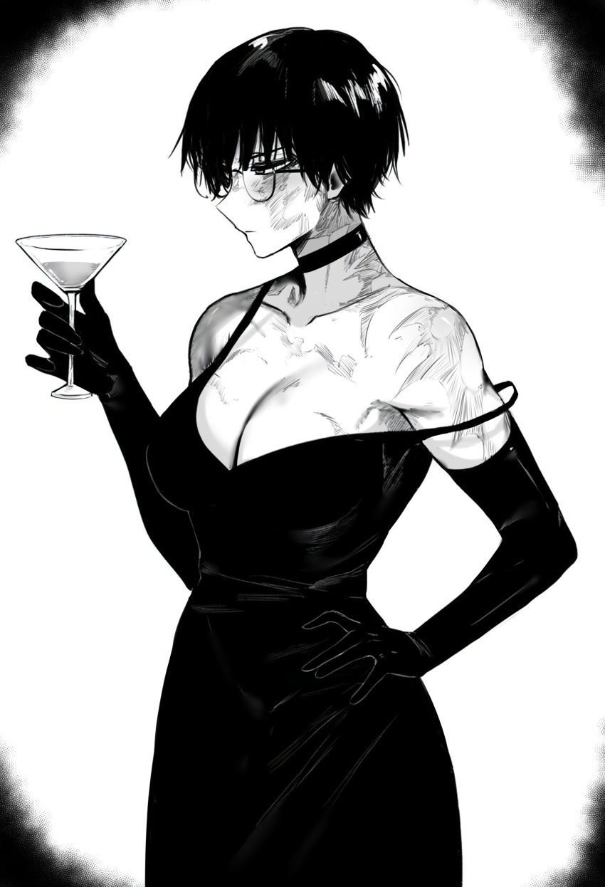 1girl absurdres breasts choker cleavage closed_mouth cocktail_glass collarbone cowboy_shot cup dress drinking_glass elbow_gloves facing_to_the_side glasses gloves greyscale hand_on_own_hip highres holding holding_cup jujutsu_kaisen large_breasts looking_to_the_side low_neckline messy_hair monochrome profile round_eyewear scar scar_on_arm scar_on_face short_hair simple_background single_bare_shoulder sleeveless sleeveless_dress solo spaghetti_strap strap_slip very_short_hair vignetting white_background zen'in_maki zovokia