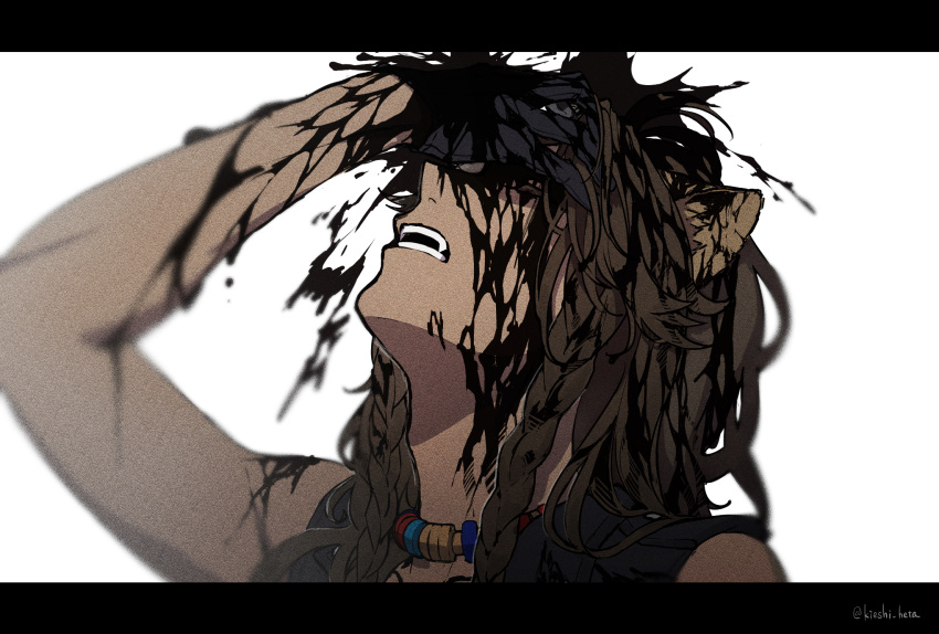 1boy akazu_kieshi animal_ears arm_up artist_name bead_necklace beads black_gloves black_jacket black_liquid brown_hair covered_eyes facing_up fangs gloves hand_on_own_face highres jacket jewelry leona_kingscholar letterboxed lion_boy lion_ears long_hair male_focus necklace open_mouth simple_background sleeveless sleeveless_jacket solo twisted_wonderland twitter_username upper_body white_background