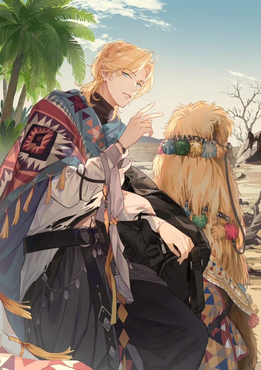 1boy alpaca aqua_eyes bag bare_tree bead_bracelet beads belt belt_chain black_belt black_pants black_undershirt blonde_hair blue_cloak bracelet cloak cloud curtained_hair day duffel_bag feather_necklace feet_out_of_frame highres jewelry lars_rorschach loli_bushi long_sleeves looking_at_viewer lovebrush_chronicles male_focus medium_hair midriff_peek necklace o-ring o-ring_belt outdoors palm_tree pants parted_bangs parted_lips riding rock shirt sidesaddle solo tassel torn_clothes torn_shirt tree turtleneck v waist_cape white_shirt