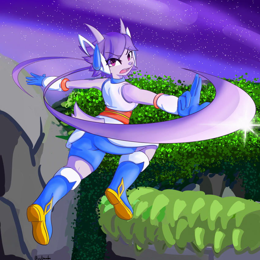 action_pose angry anthro blue_boots blue_clothing blue_footwear bluebambo boots butt clothing detailed_background dragon earpiece female footwear freedom_planet galaxytrail gloves hair handwear hi_res jumping long_hair night pink_eyes plant pose purple_body purple_skin rock sash_lilac shrub solo tree