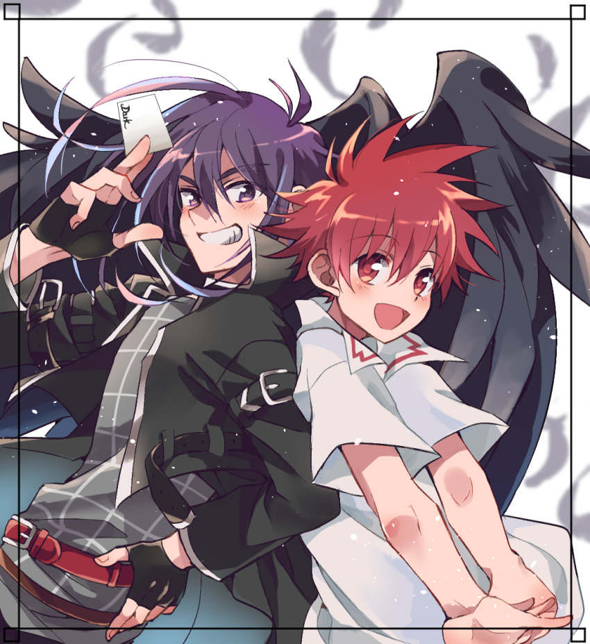 2boys arm_belt belt black_jacket blush border character_name cropped_jacket dark_mousy dnangel feathered_wings feathers fingerless_gloves gloves grin highres interlocked_fingers jacket looking_at_viewer male_focus multiple_boys nari-ham niwa_daisuke open_mouth own_hands_together purple_hair red_belt red_eyes red_hair school_uniform short_sleeves smile stretching wings