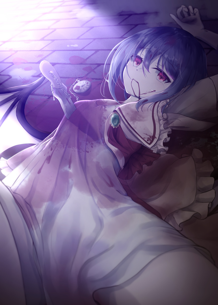 1girl absurdres arm_at_side arm_up ascot bat_wings blood blood_on_clothes blood_on_face blood_on_ground blue_hair brick_floor commentary crying crying_with_eyes_open defeat dress empty_eyes english_commentary eyelashes foreshortening frilled_shirt_collar frills gem green_gemstone hair_between_eyes highres hoshikage_syo knife knife_in_chest looking_at_viewer lying mixed-language_commentary no_headwear on_back on_floor open_clothes open_shirt outdoors parted_lips pink_shirt pocket_watch red_ascot red_eyes remilia_scarlet sad shirt short_hair sidelighting solo streaming_tears tears touhou tsurime watch white_dress wings