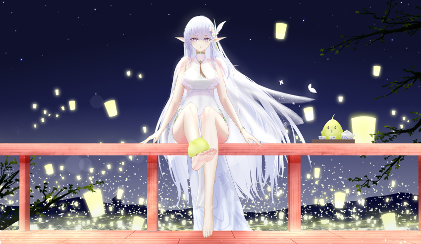 1girl absurdres albion_(azur_lane) albion_(scent_of_spring_in_the_red_pavilion)_(azur_lane) azur_lane barefoot breasts butterfly_hair_ornament dress full_body hair_ornament highres junwu large_breasts long_hair long_pointy_ears manjuu_(azur_lane) night night_sky official_alternate_costume outdoors pelvic_curtain pointy_ears purple_eyes see-through see-through_dress sitting sky solo tea_set very_long_hair white_dress white_hair