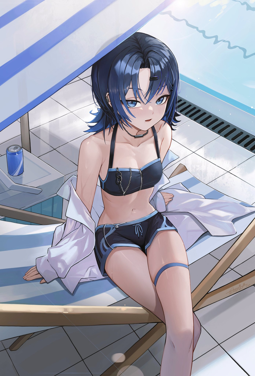 1girl anizi bikini bikini_shorts blue_bikini blue_eyes blue_hair blue_swim_trunks can commentary_request cooler crossed_legs day deck_chair drink_can feet_out_of_frame flat_chest hair_ornament hairclip halterneck highres hiodoshi_ao hololive hololive_dev_is jewelry looking_at_viewer male_swimwear medium_hair mole mole_under_mouth necklace off_shoulder open_clothes open_mouth open_shirt outdoors pool poolside shirt shorts sitting sleeves_past_wrists solo swimsuit thigh_strap tile_floor tiles virtual_youtuber white_shirt zipper