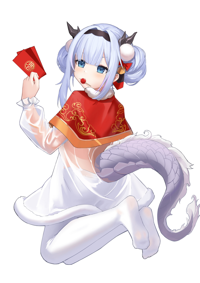 1girl absurdres arm_up ass azur_lane blue_eyes capelet double_bun dragon_horns dragon_tail dress envelope feet fengxue food hair_bun hair_ornament hairband highres horns legs legs_up long_hair looking_at_viewer lung_wu_(azur_lane) mouth_hold no_shoes pantyhose pom_pom_(clothes) pom_pom_hair_ornament red_capelet see-through see-through_dress short_dress simple_background soles solo tail thighs white_background white_dress white_hair white_pantyhose