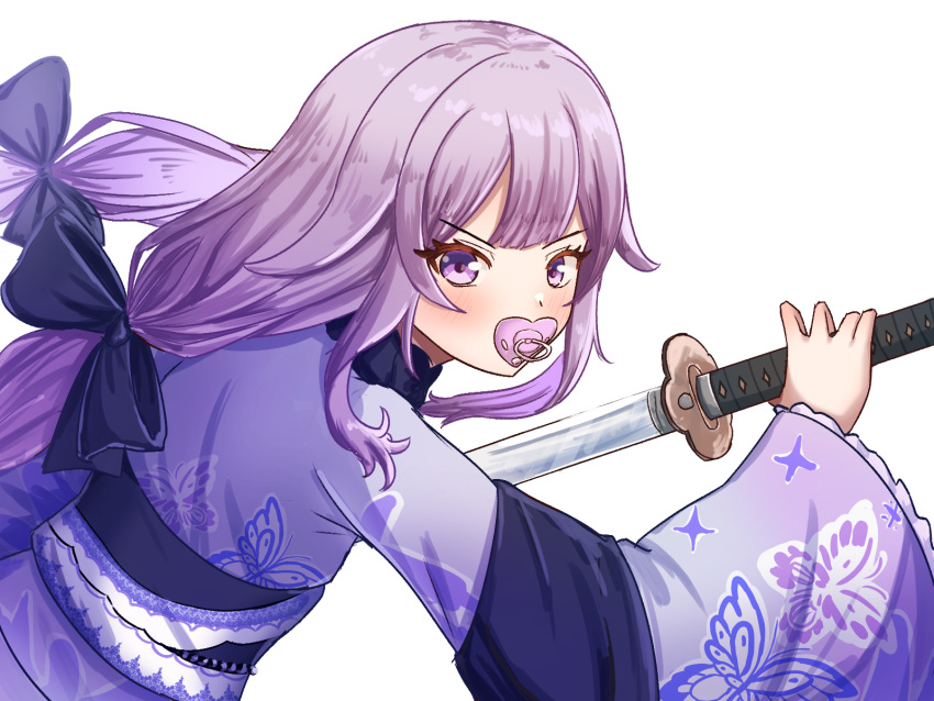 1girl black_bow black_sash blush bow floral_print_kimono gradient_hair grey_hair hair_bow hair_flaps highres holding holding_sword holding_weapon hololive hololive_english japanese_clothes kimono koseki_bijou koseki_bijou_(new_year) long_hair looking_at_viewer low_twintails multicolored_hair official_alternate_costume pacifier purple_eyes purple_hair purple_kimono sash sharkudon sword twintails very_long_hair virtual_youtuber weapon
