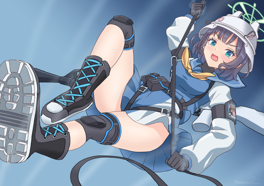 1girl animal_ears black_footwear black_gloves black_hair blue_archive blue_eyes blue_serafuku blue_shirt blue_skirt boots breasts fake_animal_ears full_body gloves gun halo helmet highres knee_pads lahti-saloranta_m/26 looking_at_viewer machine_gun masa2 neckerchief open_mouth rabbit_ears rappelling saki_(blue_archive) school_uniform serafuku shirt shoe_soles short_hair skirt solo weapon weapon_on_back yellow_neckerchief