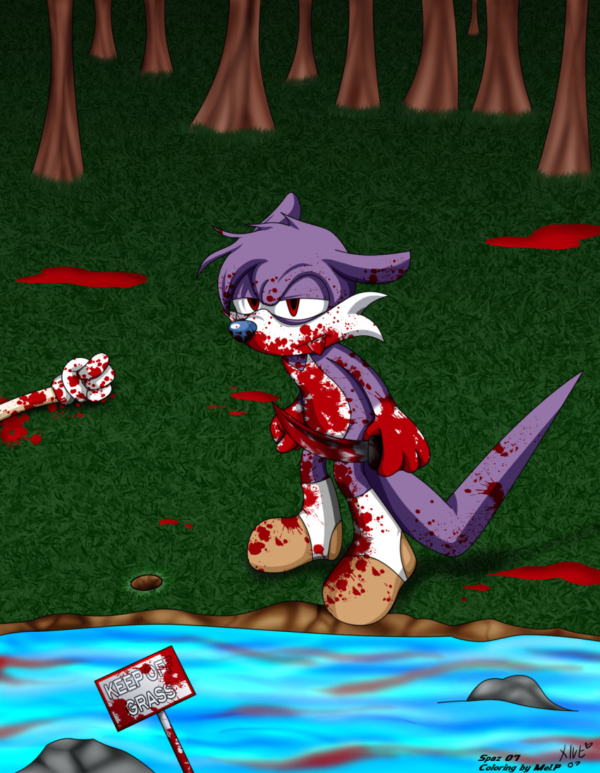 anthro blood bodily_fluids canid canine canis dipodid fang_the_hunter fur gore hi_res jerboa knife male mammal mustelid musteline purple_body purple_fur rodent sega solo sonic_the_hedgehog_(comics) sonic_the_hedgehog_(series) true_musteline unknown_artist unknown_species weasel wolf