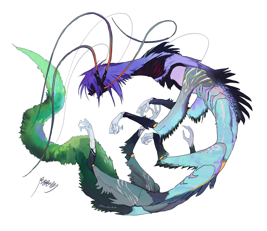 absurdres antennae aqua_skin colored_skin creature extra_legs full_body green_fur highres kamikiririp multicolored_fur multicolored_skin no_humans open_mouth original purple_fur purple_hair simple_background solo white_background