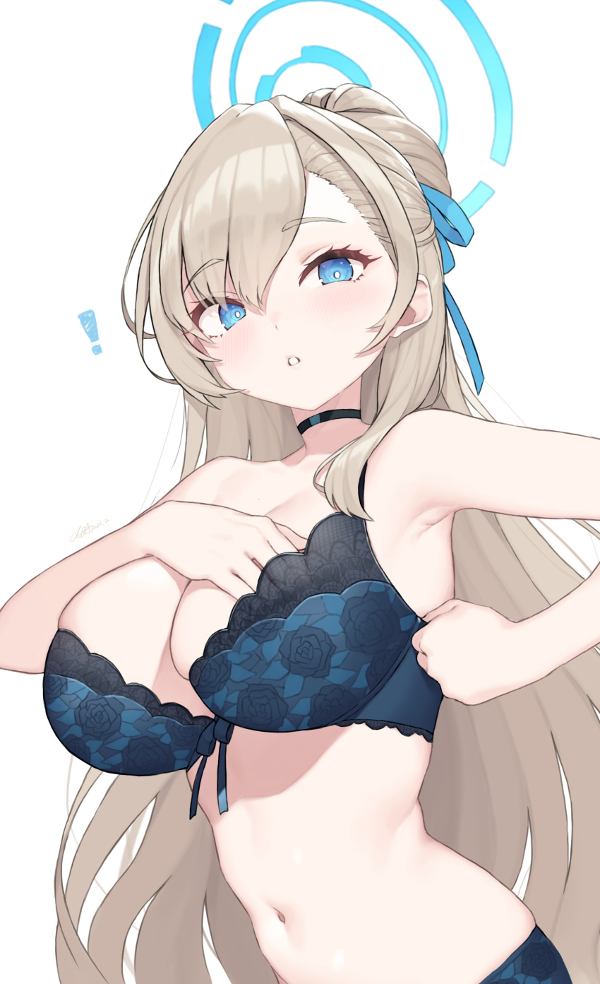 ! 1girl absurdres adjusting_bra adjusting_clothes asuna_(blue_archive) blue_archive blue_bra blue_eyes blue_panties blush bra breasts choker cloba hair_over_one_eye halo hand_in_bra highres lace-trimmed_bra lace_trim large_breasts light_brown_hair lingerie long_hair looking_at_viewer panties parted_lips solo stomach underwear underwear_only