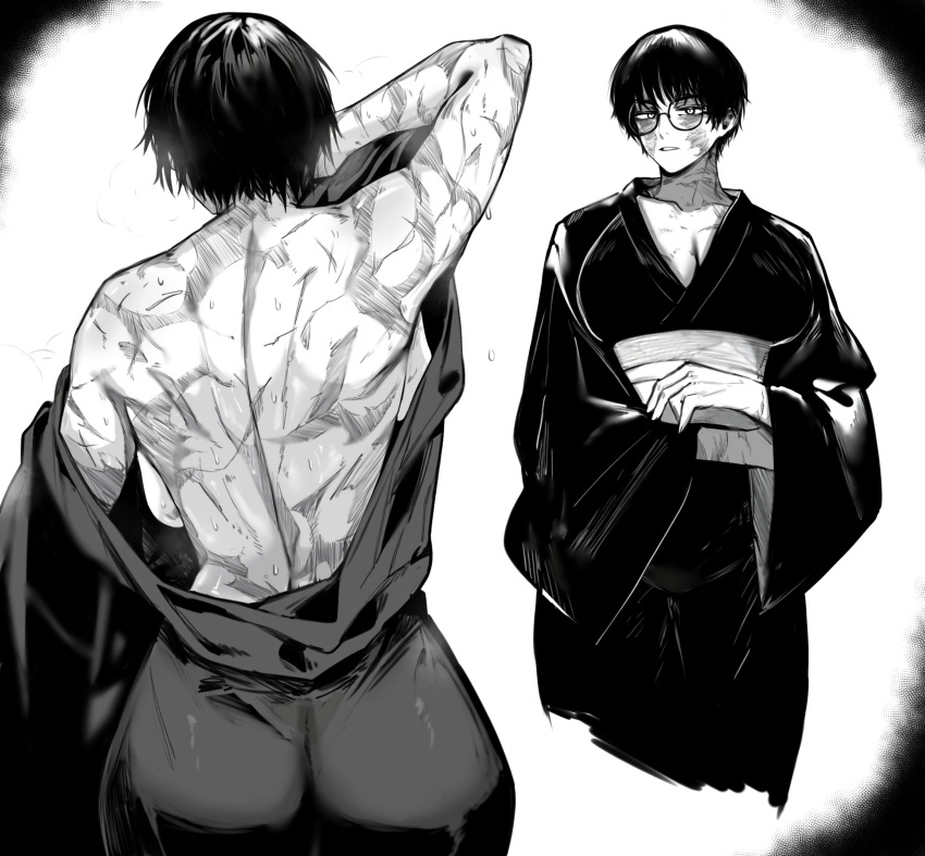 1girl absurdres ass bas breasts burn_scar glasses highres japanese_clothes jujutsu_kaisen kimono large_breasts long_hair monochrome muscular muscular_female obi sash scar scar_on_arm scar_on_back scar_on_face short_hair solo zen'in_maki zovokia