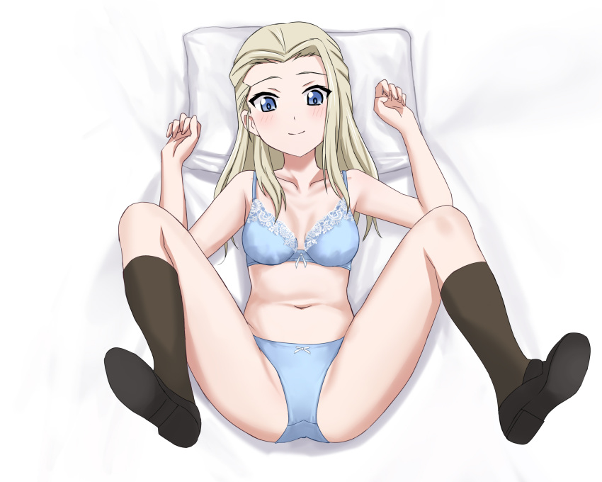 1girl bed_sheet black_footwear black_socks blonde_hair blue_bra blue_eyes blue_panties bow bow_bra bow_panties bra breasts clara_(girls_und_panzer) commentary_request commission crotch_seam from_above girls_und_panzer highres long_hair looking_at_viewer lying m_legs medium_breasts navel on_back panties partial_commentary pillow pixiv_commission shoes socks solo underwear underwear_only w_arms yenn8