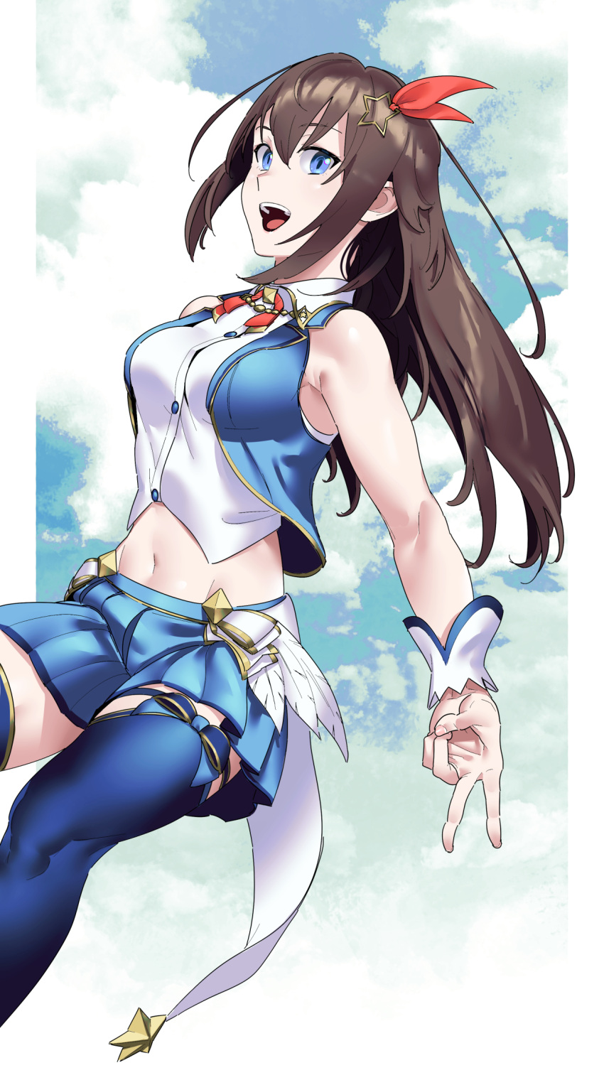 blue_eyes blue_thighhighs blue_vest brown_hair cropped_shirt cropped_vest hair_flaps hair_ornament hairclip highres hololive leg_ribbon looking_at_viewer mstm navel red_ribbon ribbon shirt skirt sky sleeveless sleeveless_shirt smile star_(symbol) star_hair_ornament thigh_ribbon thighhighs thighs tokino_sora tokino_sora_(1st_costume) v vest virtual_youtuber waist_cape white_shirt zettai_ryouiki