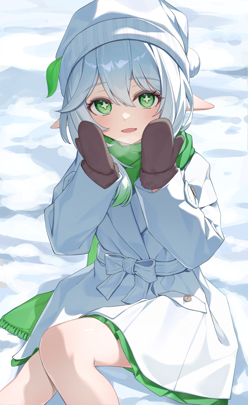 1girl absurdres alternate_costume blush brown_gloves coat day genshin_impact gloves gradient_hair green_eyes green_hair green_scarf grey_hair hands_up hat highres jacket long_sleeves looking_at_viewer multicolored_hair nahida_(genshin_impact) open_mouth outdoors pointy_ears scarf short_hair sitting smile snow solo thighs white_coat white_hair white_headwear winter winter_clothes winter_gloves yuu_maraa