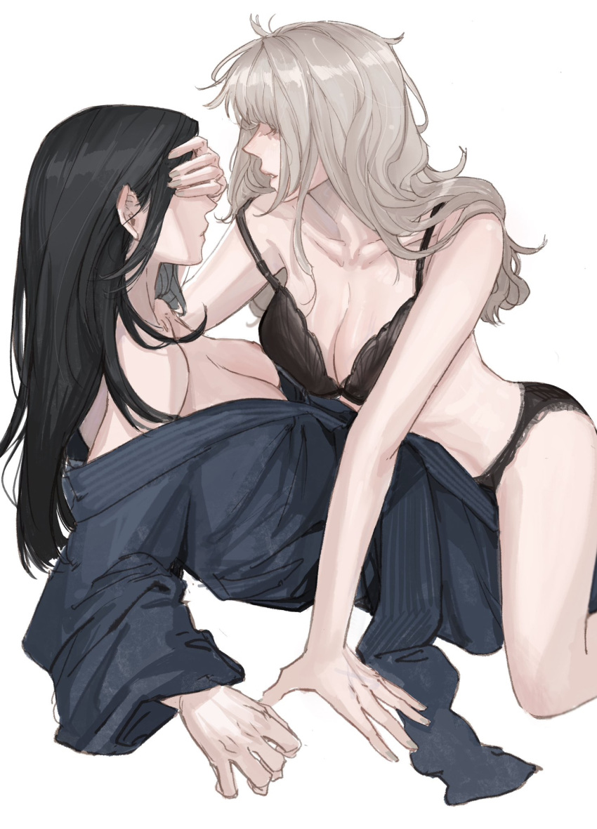 2girls arm_support black_bra black_hair black_panties blue_kimono bra breasts cleavage closed_mouth collarbone commentary_request deerwhisky grey_hair hand_on_another's_head highres japanese_clothes kimono large_breasts long_hair medium_breasts multiple_girls nipples open_clothes open_kimono open_mouth original panties sidelocks simple_background strap_slip underwear underwear_only white_background yukata yuri