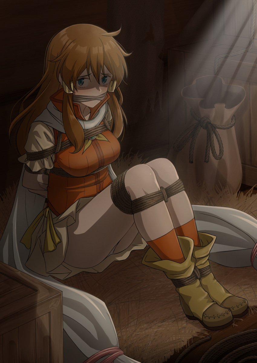 1girl absurdres arms_behind_back bag bdsm blue_eyes bondage boots bound bound_ankles bound_arms bound_legs bound_wrists box breasts brown_hair cleave_gag cloth_gag commission dappled_sunlight distress english_commentary fire_emblem fire_emblem:_radiant_dawn gag gagged hair_tubes highres improvised_gag indoors long_hair medium_breasts miniskirt mist_(fire_emblem) orange_socks orange_vest panties pantyshot restrained rope scarf shaded_face shibari shibari_over_clothes short_sleeves sitting skirt socks solo sunlight underwear vakaosciosa vest white_panties white_scarf white_skirt