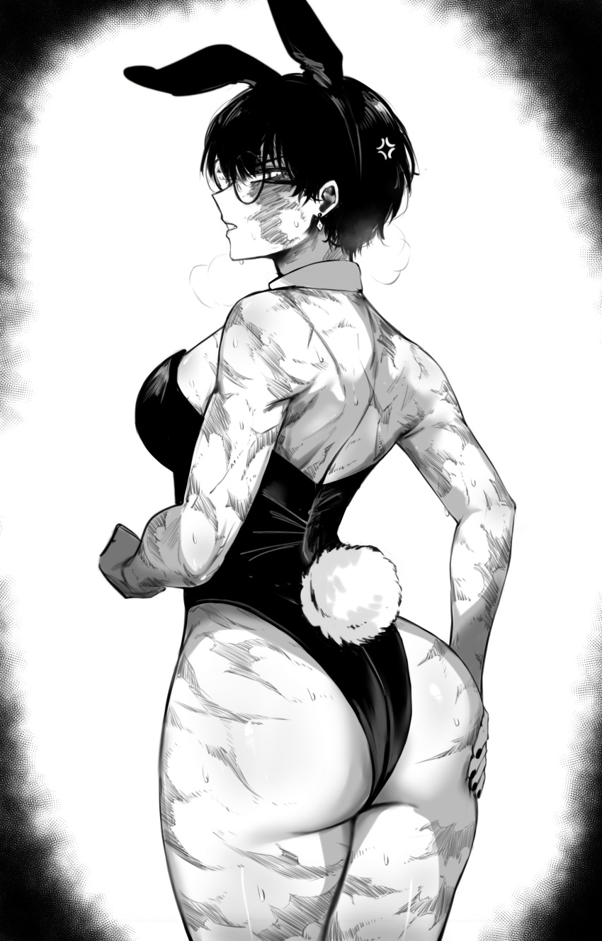 1girl absurdres anger_vein animal_ears ass ass_focus ass_grab bare_shoulders black_hair breasts breath burn_scar cowboy_shot detached_collar earrings fake_animal_ears from_behind glasses grabbing_own_ass greyscale highres jewelry jujutsu_kaisen large_breasts legs_together looking_at_viewer looking_back monochrome playboy_bunny profile rabbit_ears rabbit_tail round_eyewear scar scar_on_arm scar_on_back scar_on_face scar_on_leg short_hair shoulder_blades simple_background solo sweat tail vignetting white_background wide_hips zen'in_maki zovokia