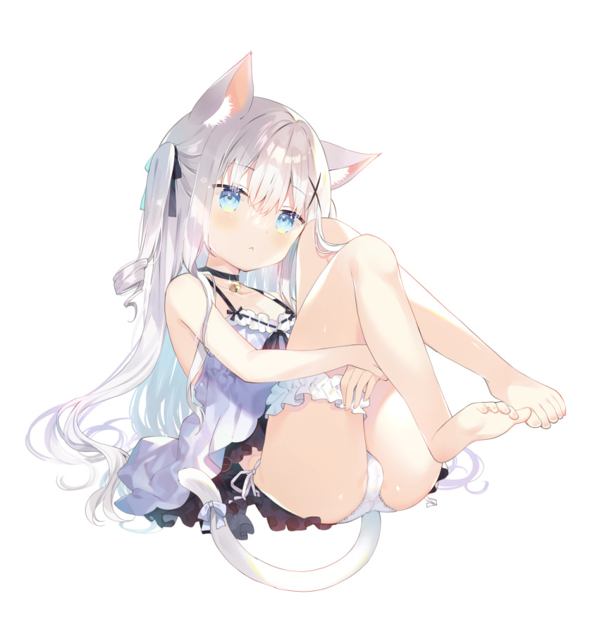 1girl :&lt; animal_ear_fluff animal_ears babydoll bare_arms bare_legs bare_shoulders barefoot bell black_choker black_ribbon blue_bow blue_eyes blush bow cat_ears cat_girl cat_tail choker closed_mouth collarbone commentary_request full_body grey_hair hair_between_eyes hair_ornament hair_ribbon hugging_own_legs jingle_bell knees_up looking_at_viewer neck_bell original panties ribbon side-tie_panties simple_background solo tail tail_bow tail_ornament two_side_up underwear white_background white_panties x_hair_ornament yuizaki_kazuya