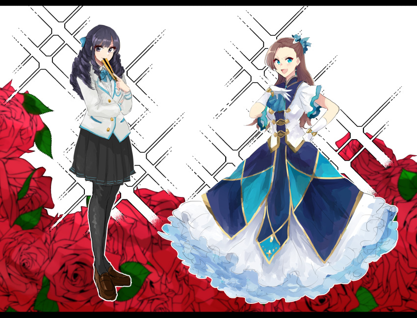 2girls ballroom_gown black_hair black_leggings black_skirt blue_eyes blue_ribbon brown_footwear brown_hair commentary crossover curly_hair drill_hair fan_to_mouth flower folding_fan hair_ribbon hand_fan hand_on_own_chest highres holding holding_fan jacket katarina_claes kenkyo_kenjitsu_wo_motto_ni_ikite_orimasu kisshouin_reika leggings loafers long_hair looking_at_viewer multiple_girls neck_ribbon open_mouth otome_game_no_hametsu_flag_shika_nai_akuyaku_reijou_ni_tensei_shite_shimatta pleated_skirt ribbon rose sakusan_yousoeki shoes skirt white_jacket