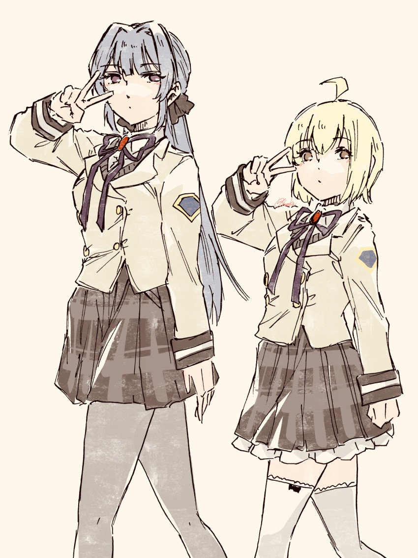 2girls ahoge arm_at_side artist_name black_ribbon blonde_hair blunt_bangs brown_background brown_eyes brown_jacket brown_skirt buttons closed_mouth collared_shirt commentary_request double-breasted feet_out_of_frame frilled_skirt frills from_side grey_hair grey_pantyhose hair_intakes hair_ribbon hand_up highres jacket light_blush long_hair long_sleeves looking_at_viewer looking_to_the_side miniskirt multiple_girls neck_ribbon otori_michiru pantyhose plaid plaid_skirt pleated_skirt purple_eyes ribbon school_uniform shirt short_hair shoujo_kageki_revue_starlight shoujo_kageki_revue_starlight_-re_live- shozoku simple_background skirt standing thighhighs v v_over_eye very_long_hair white_shirt white_thighhighs yukishiro_akira zettai_ryouiki