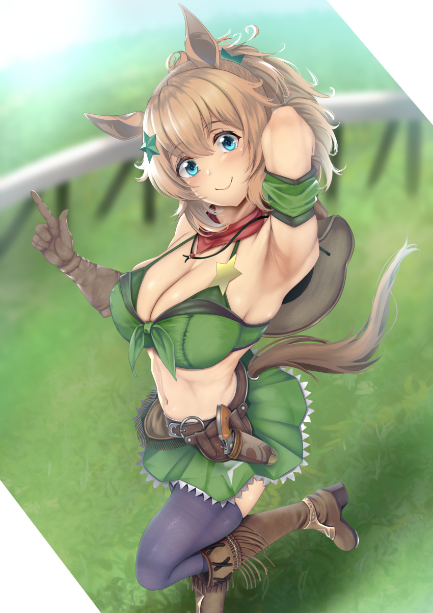 1girl animal_ears arm_up armpits bandana belt blue_eyes blurry blurry_background blush boots breasts brown_footwear brown_headwear cleavage closed_mouth commentary_request curvy day foot_out_of_frame gloves grass green_skirt hair_between_eyes hair_ornament high_heels highres holstered knee_boots large_breasts legs_apart light_brown_hair linea_alba long_hair looking_at_viewer midriff miniskirt navel outdoors pointing pointing_up purple_thighhighs red_bandana skirt smile solo standing star_(symbol) taiki_shuttle_(umamusume) tail teeth thick_thighs thighhighs thighs tsukareme umamusume