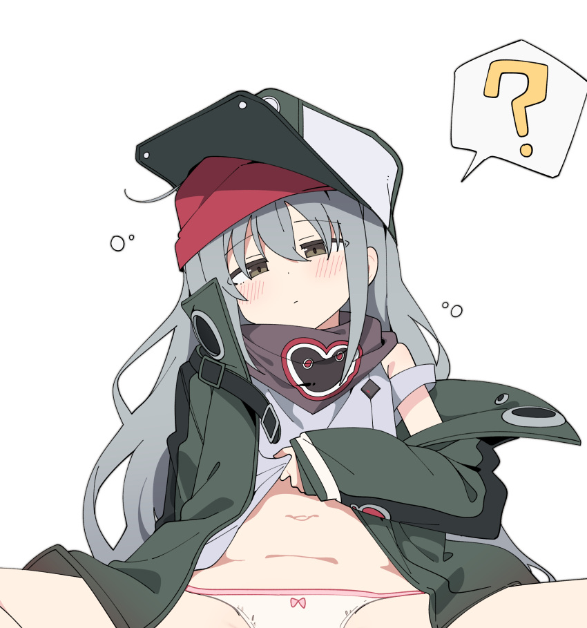 1girl ? absurdres clothes_lift g11_(girls'_frontline) girls'_frontline green_jacket grey_hair highres jacket lifted_by_self looking_at_viewer luke_(dydansgur) navel panties pink_panties shirt_lift simple_background sleep_bubble sleepy solo spoken_question_mark spread_legs stomach underwear white_background