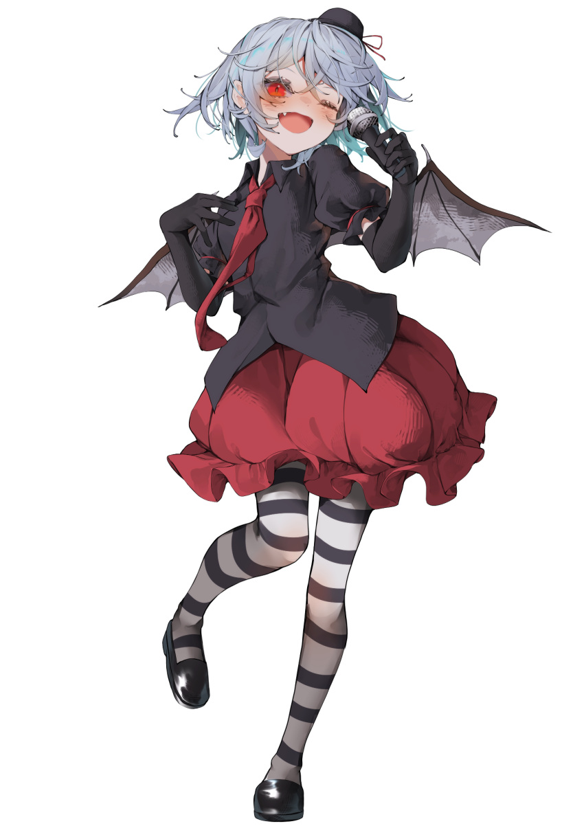 1girl ;d alternate_costume bat_wings black_footwear black_gloves black_headwear black_shirt blue_hair bubble_skirt collared_shirt commentary_request elbow_gloves full_body gloves hat highres holding holding_microphone looking_at_viewer microphone mini_hat necktie one_eye_closed open_mouth pantyhose red_eyes red_necktie red_skirt remilia_scarlet shirt shoes short_hair simple_background skirt smile solo striped_clothes striped_pantyhose touhou tsune_(tune) white_background white_pantyhose wings