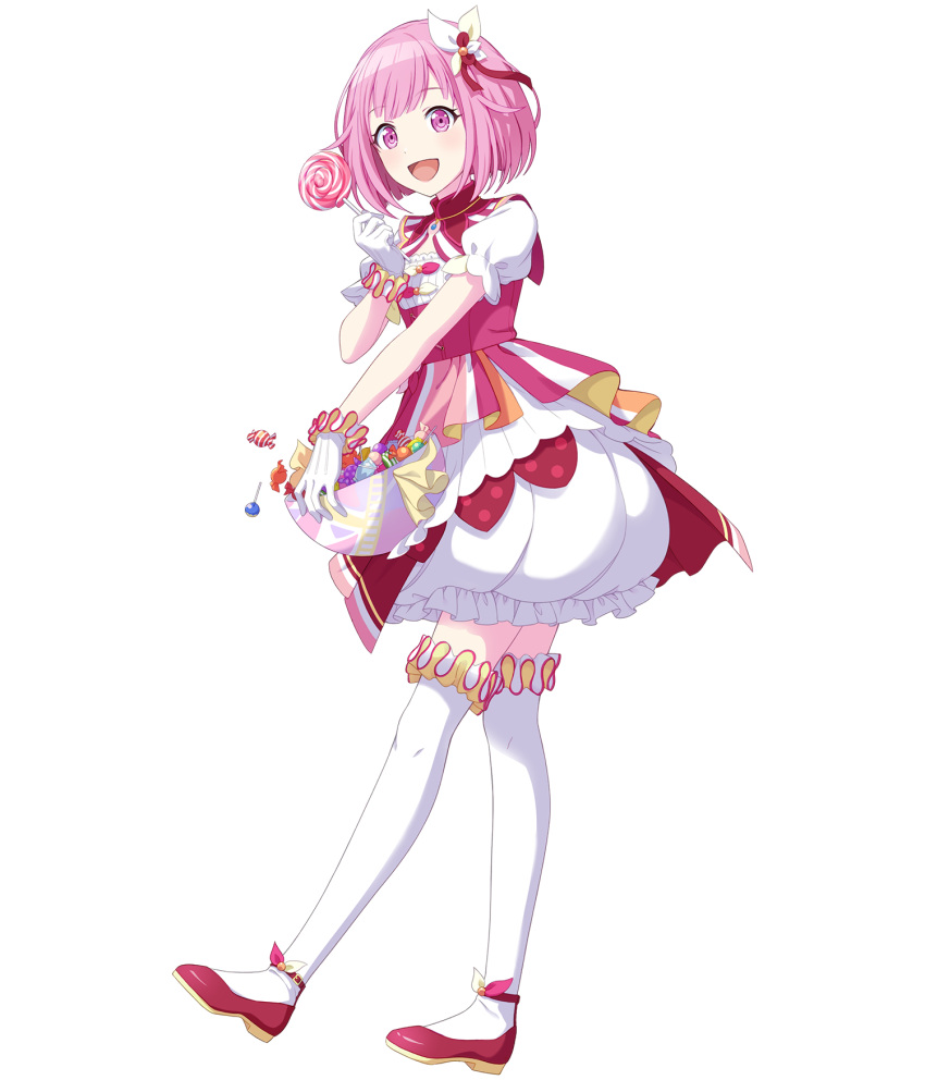 1girl :d bowl bubble_skirt candy food full_body hair_ornament highres holding holding_bowl holding_candy holding_food holding_lollipop lollipop looking_at_viewer non-web_source official_art ootori_emu pink_eyes pink_hair project_sekai red_footwear short_hair short_sleeves skirt smile solo tachi-e thighhighs transparent_background white_skirt white_thighhighs